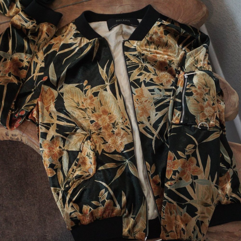 Zara Floral Velvet Bomber Jacket